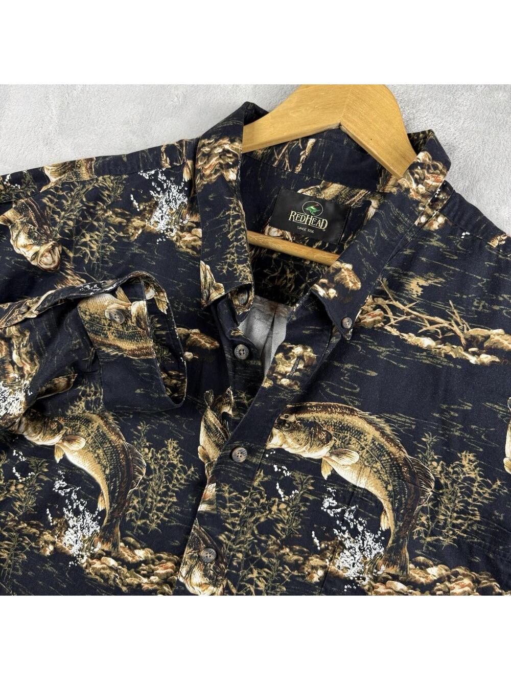 RedHead Fishing Shirt Men 3XLT Black Bass Fish Print Button Front Outdoot Cotton